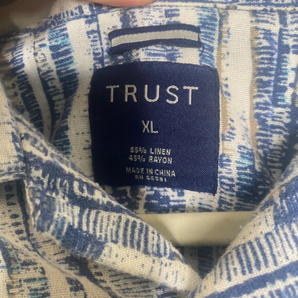Trust Linen Blend Button-Up Shirt Mens XL Blue Striped Short Sleeve Lightweight‎ - Picture 3 of 10